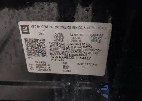 2020 Chevrolet Equinox Awd Lt 2.0L Turbo z USA, uszkodzony, nr VIN 3GNAXVEX9LL154417